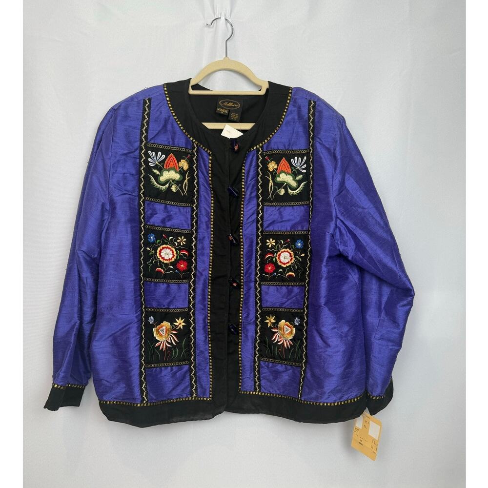 NWT Allure 100% Silk Embroidered Floral Jacket Size 3X Royal Purple
